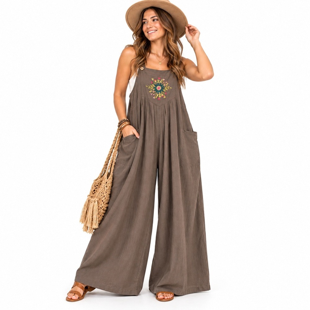Natural Life Wide Leg Jumpsuit Womens Large Brown Oversized Embroidered Boho NEW